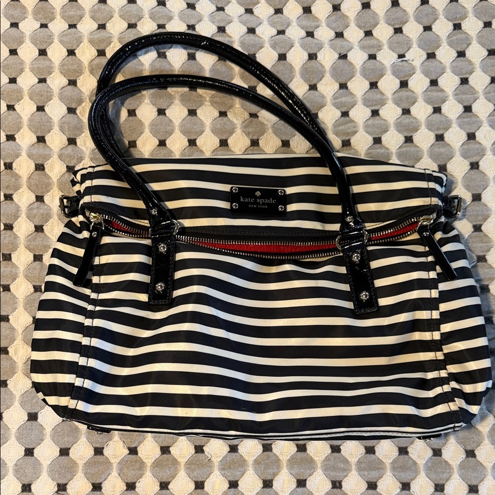 kate spade Black and White Striped Shoulder Bag with Red Zipper